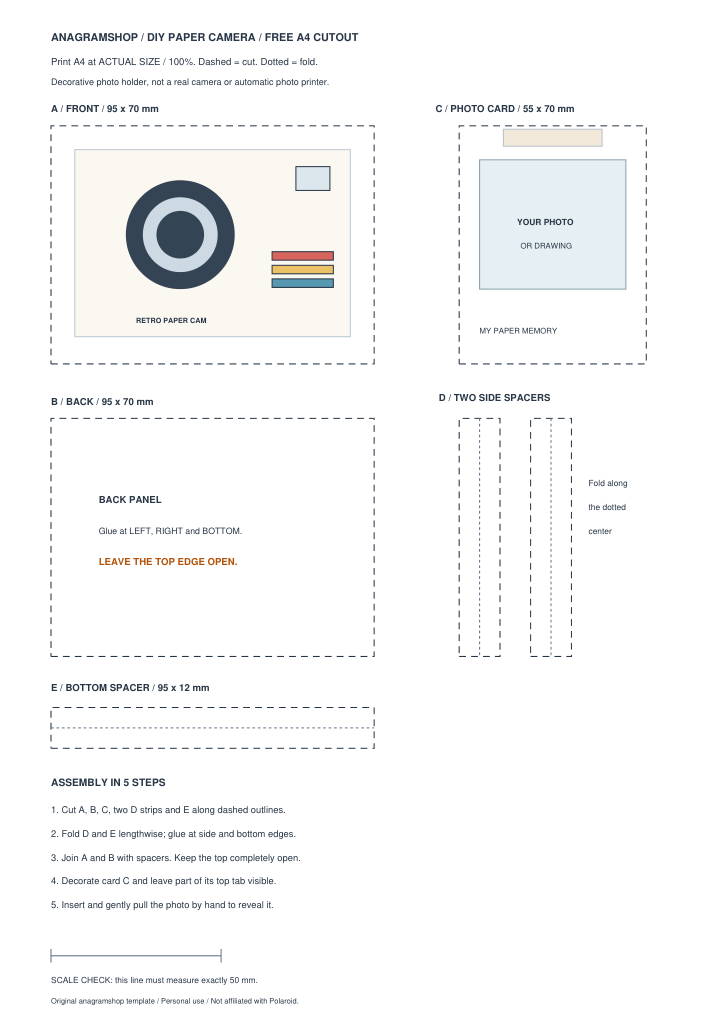 Printable paper camera craft pattern showing camera front, back, miniature photo card and folding strips